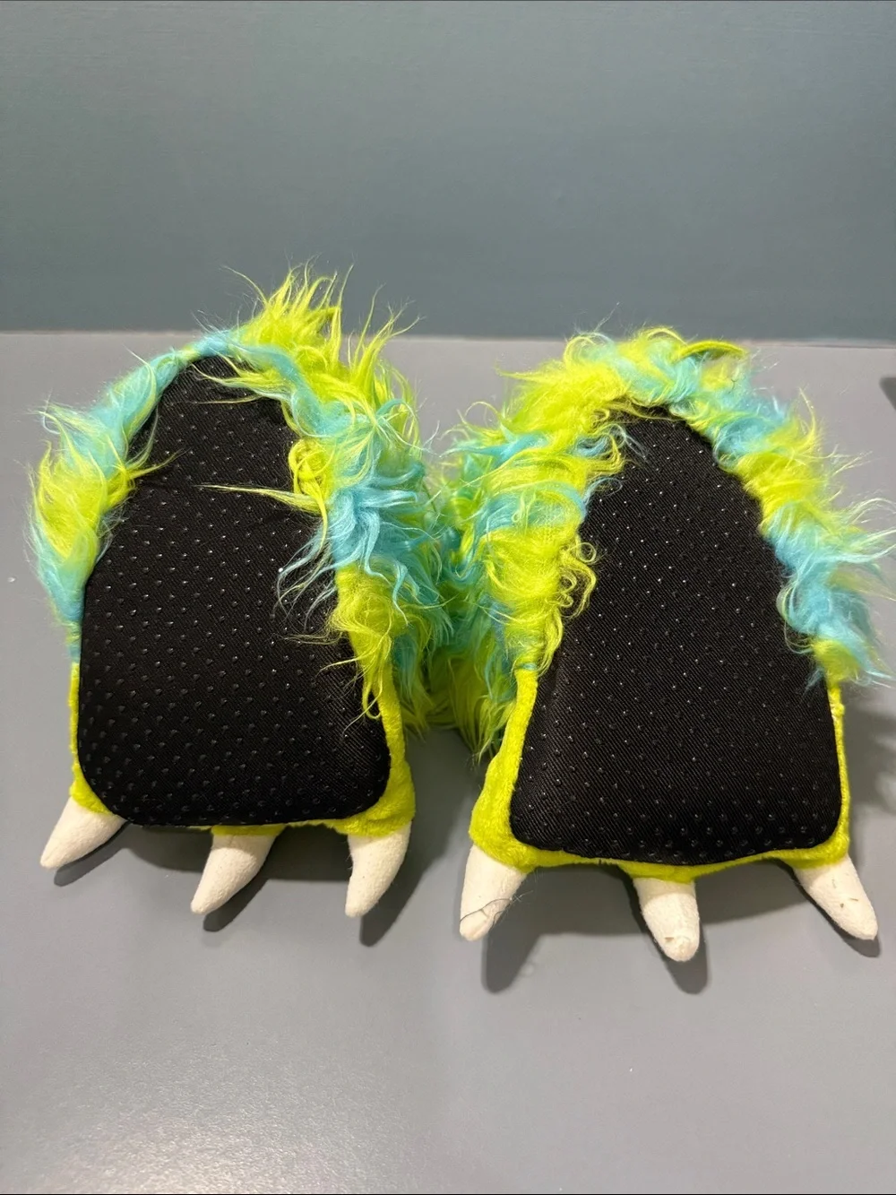 Lazy One Kids Fuzzy Monster Slippers in Neon Green & Aqua Blue